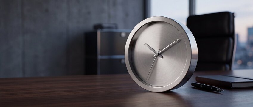 Minimalist brushed silver metal analog clock displayed on executive dark wood desk for time management and business schedule planning