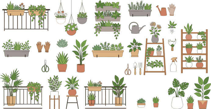 Balcony Garden and Home Plants Icon Set with Potted Flowers, Vertical Gardening Shelves, Hanging Planters, and Urban Eco Planting Tools Vector