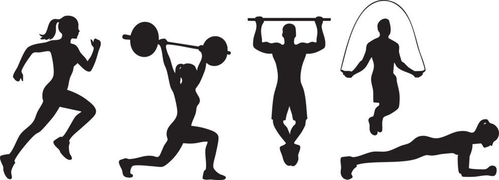 Fitness and Exercise Silhouettes Collection with Running, Weightlifting, Jump Rope and Plank