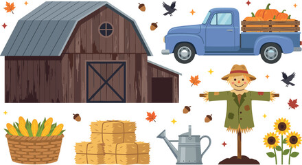 Autumn Farm and Harvest Vector Element Set Featuring Wooden Barn, Vintage Pickup Truck Loaded with Pumpkins, Scarecrow, Hay Bales, and Sunflower Details © MstMonira