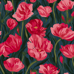 Fototapeta premium Maximalist abstract garden pattern with dramatic pink and red flowers and green leaves creating vibrant floral art