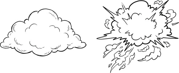 Comic book cloud and explosion vector set featuring a fluffy white line art cumulus cloud and a dramatic action burst for manga, stickers, and graphic design © Rajib