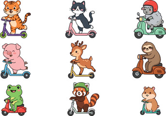 Naklejka premium Cute Kawaii Animals Riding Kick Scooters and Motorbikes Vector Illustration Set Featuring Tiger Cat Sheep Pig Deer Sloth Frog Panda and Hamster Characters