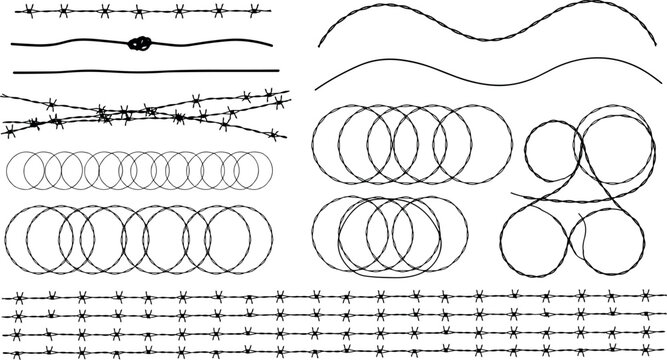 Barbed Wire and Razor Wire Hand Drawn Vector Brush Set with Tangled Coils Waves and Security Border Lines for Military Graphic Designs