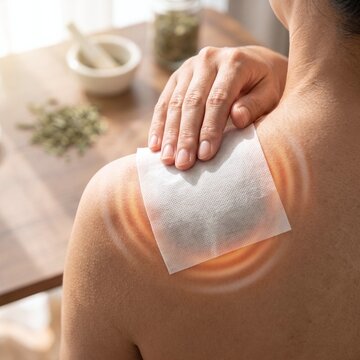 Square Close-Up of Hand Placing White Herbal Pain Patch on Sore Shoulder with Heat Glow