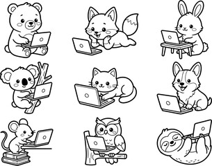 Naklejka premium Cute Kawaii Animals Using Laptops Coloring Page Vector Set Featuring Cartoon Bear Fox Bunny Cat Dog and Sloth Studying or Working on Computers