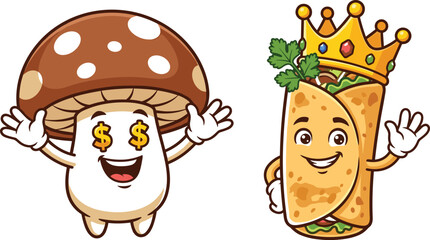 Fototapeta premium Cute Fast Food Mascot Vector Set Featuring Rich Mushroom Character with Dollar Eyes and Smiling Burrito King Wearing a Golden Royal Crown for Restaurant Branding Designs