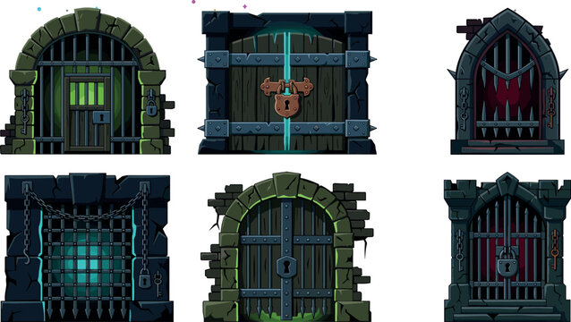 Fantasy Dungeon Door Vector Set with Stone Arches Iron Bars Heavy Padlocks Chains and Castle Jail Gate Icons for RPG Game UI Designs