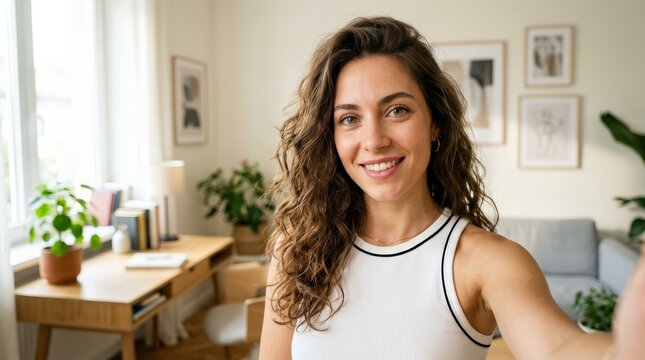 A young beautiful woman taking a selfie in a bright, modern living room.