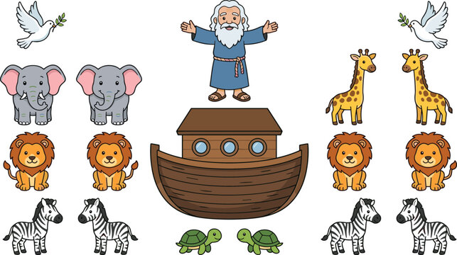 Noah's Ark Cartoon Collection Featuring Noah, Ark Boat, Dove, Elephant, Lion, Giraffe, Zebra, Turtle, and Bible Story Vector Illustrations