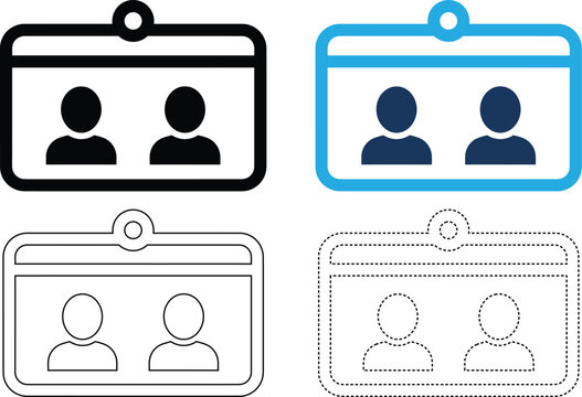 Employee identification card icon set in solid and line styles for corporate access.