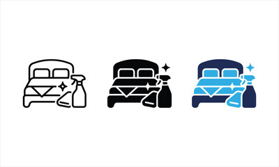 Obraz premium Bedroom cleaning icons vector set bed spray bottle sparkles.