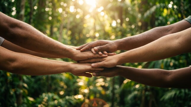 Global community teamwork concept showing diverse people joining hands for cooperation and success.