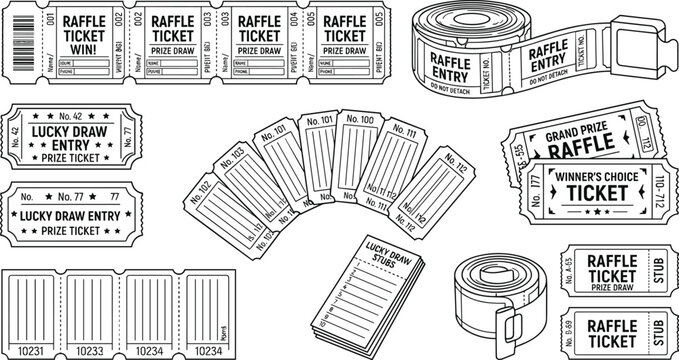 Raffle Ticket and Lucky Draw Entry Icon Set with Paper Rolls Stubs Coupons and Fan Vouchers for Lottery Event Contests Vector Illustration