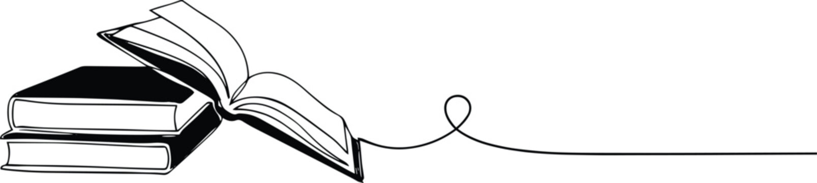 Stack of books with one open book and a continuous line drawing reading knowledge