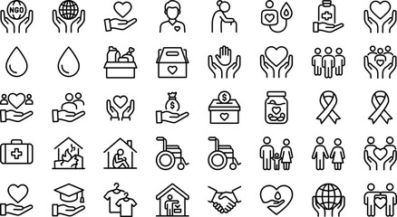 Fototapeta premium Charity healthcare and community support line icons set featuring donation volunteer medical aid family care insurance accessibility and nonprofit services