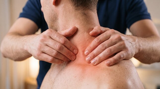 Physiotherapist Massaging Stiff Neck and Upper Trapezius Muscle with Red Pain Highlight