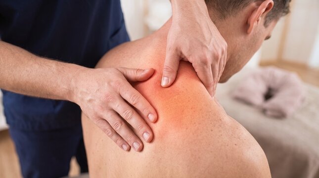 Therapist Performing Deep Tissue Massage on Aching Shoulder and Upper Back of Patient