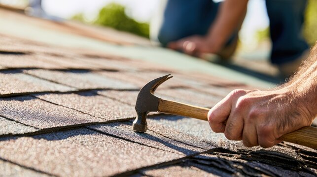 Roof repair work takes place on a sunny day with a worker using a hammer on shingles