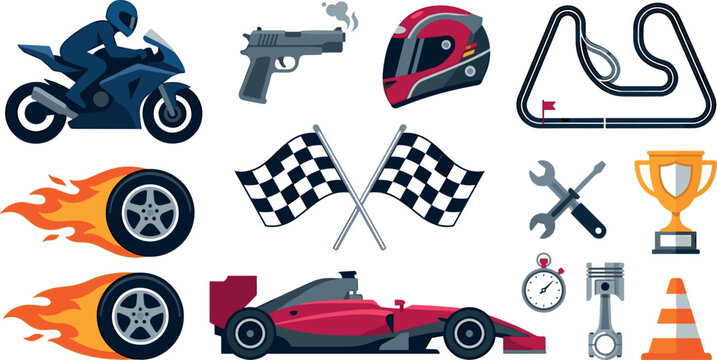 Motorsport and Racing Icon Set Featuring Formula Car Sport Bike Checkered Flags Flaming Wheels Trophy Track and Race Elements Vector