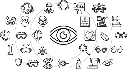 Fototapeta premium Eye Care and Ophthalmology Line Icon Set with Editable Stroke Vector Collection for Vision Testing Optical Clinic Eyewear and Medical Examination
