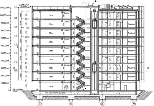 Multi story commercial building architectural blueprint showing multi level cross section floor plan layout with lift elevator mechanics