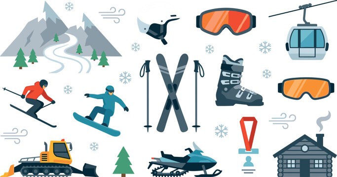 Winter Sports and Ski Resort Icon Set Featuring Skier Snowboarder Mountain Slopes Snowmobile Snowcat Cable Car Goggles Cabin and Winter Equipment Vector