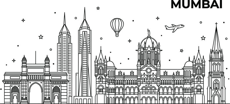 Mumbai city skyline panorama vector illustration featuring historic gateway of India skyscrapers chhatrapati shivaji terminus station and balloon