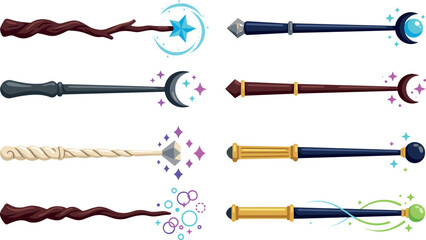 Fototapeta premium Fantasy Wizard Wand Vector Set with Wooden Sorcerer Staves Celestial Moon Stars and Crystal Tips for RPG Game UI Designs