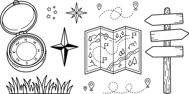 Outdoor Adventure Navigation Vector Icon Set Featuring Pocket Compass Folded Map Wooden Signpost Compass Rose Windrose Grass and Dotted Trail Pins