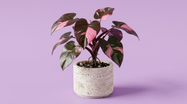 Pink princess philodendron houseplant with variegated leaves in a modern concrete pot isolated on a purple background