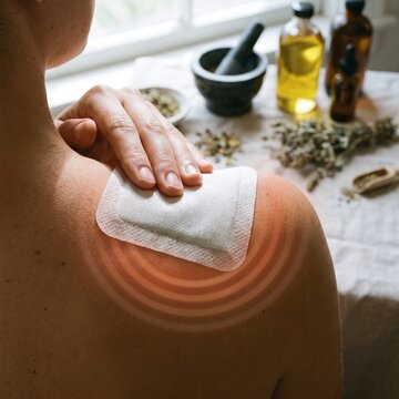 Close-Up of Applying Medicated Herbal Plaster on Sore Shoulder with Thermal Pulse