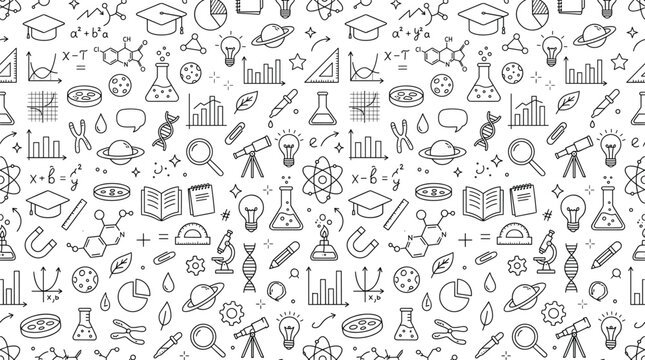 Seamless STEM education doodle pattern with science, mathematics, laboratory equipment, astronomy and school learning line icons editable vector background