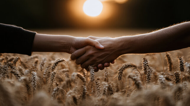 Hands shake in a wheat field at sunset during a warm evening