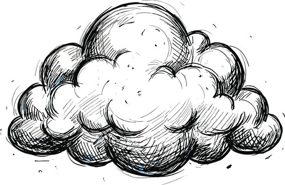 Hand drawn cloud vector illustration featuring a vintage black ink sketch of a fluffy storm cloud with detailed engraving lines and crosshatching shading elements