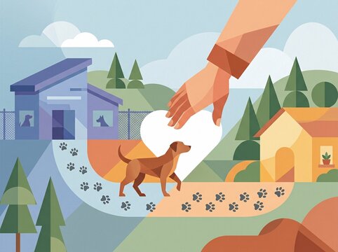 Animal shelter adoption concept vector illustration showing dog walking from shelter home toward new loving family with adoption, illustration