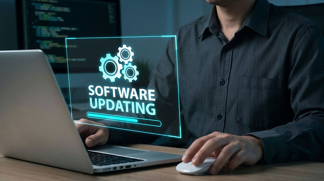 Programmer updating software system on laptop computer with digital upgrade interface