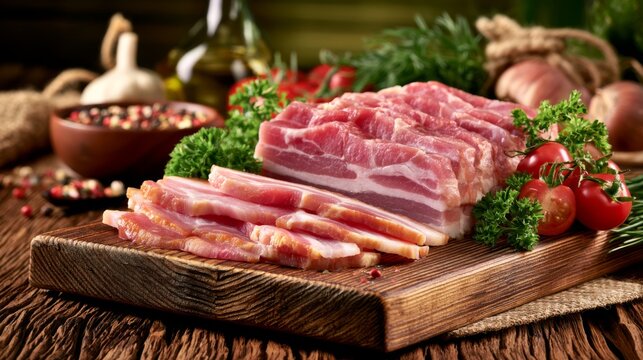 Fresh slices of high-quality pork belly on a rustic wooden cutting board surrounded by herbs, garlic, and cherry tomatoes in a warm kitchen setting