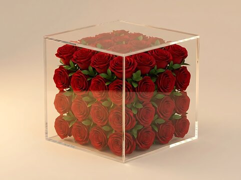 Beautiful red roses inside a clear glass cube box on a soft light surface for romantic occasions. acrylic flower box