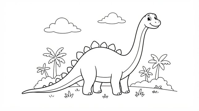 Cute cartoon dinosaur standing in a landscape for coloring book page