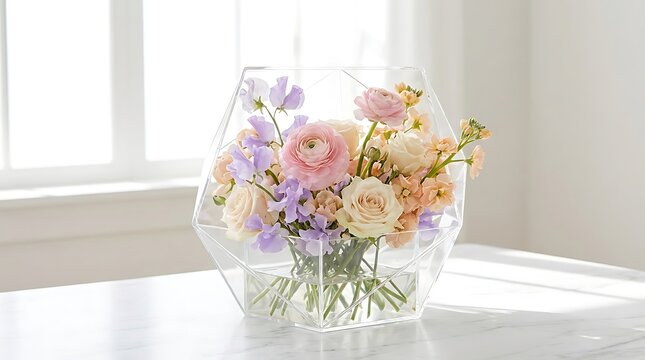 Beautiful bouquet of pink and orange flowers in a clear glass vase standing on a wooden table. acrylic flower box