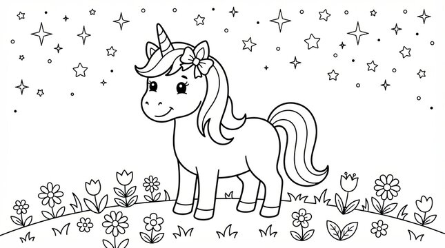 Cute little unicorn standing in a field of flowers for coloring book