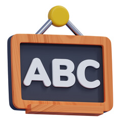 Vibrant 3D rendered chalkboard featuring ABC lettering with a clean wooden frame for educational platforms and app interfaces. Ideal for e-commerce, user interfaces, landing pages