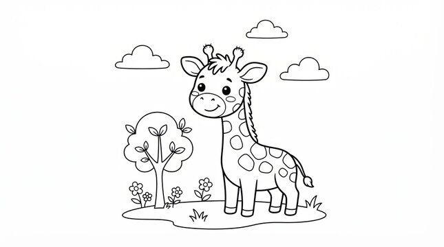 Cute cartoon giraffe standing in nature for kids coloring page activity