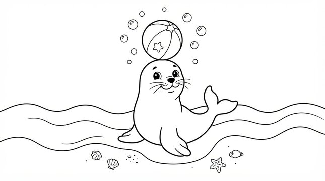 Cute cartoon seal balancing a beach ball on its nose for kids activity
