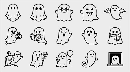 Fototapeta premium A set of cute ghost illustrations in a minimalist line art style