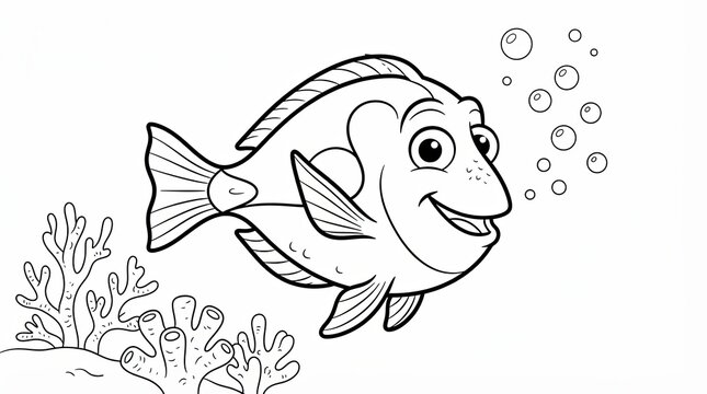 Cute cartoon fish swimming with bubbles and coral for coloring page