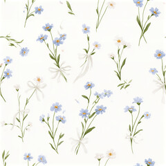Fototapeta premium Delicate blue and white wildflower bouquets tied with soft white ribbons create charming and peaceful floral pattern light
