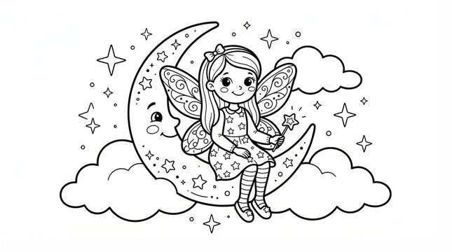Cute little fairy girl sitting on a crescent moon with stars and clouds
