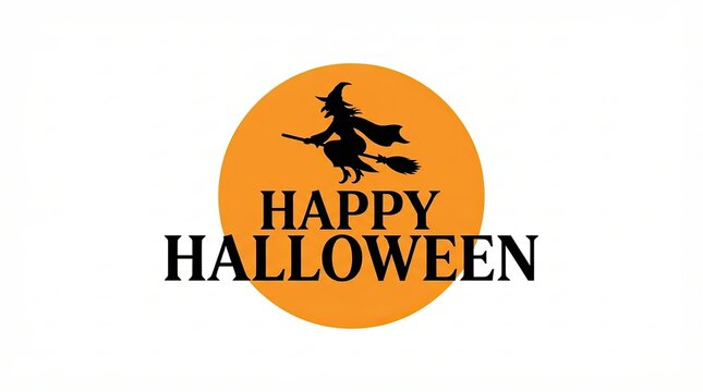 Happy Halloween greeting with a witch flying on a broomstick on orange moon